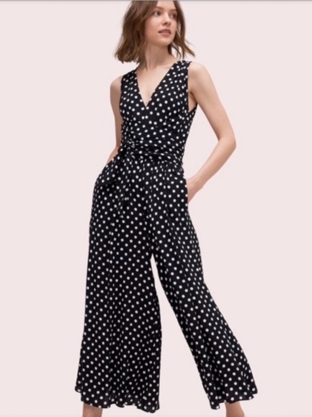 kate spade Black & White Polka Dot Sleeveless Wrap Jumpsuit
